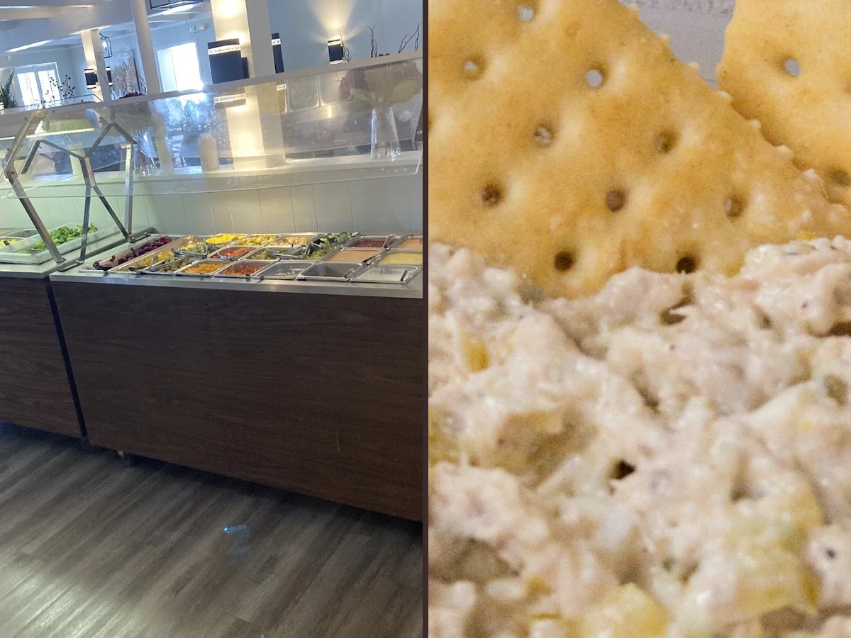 Seafood buffet trays in a casual dining room.