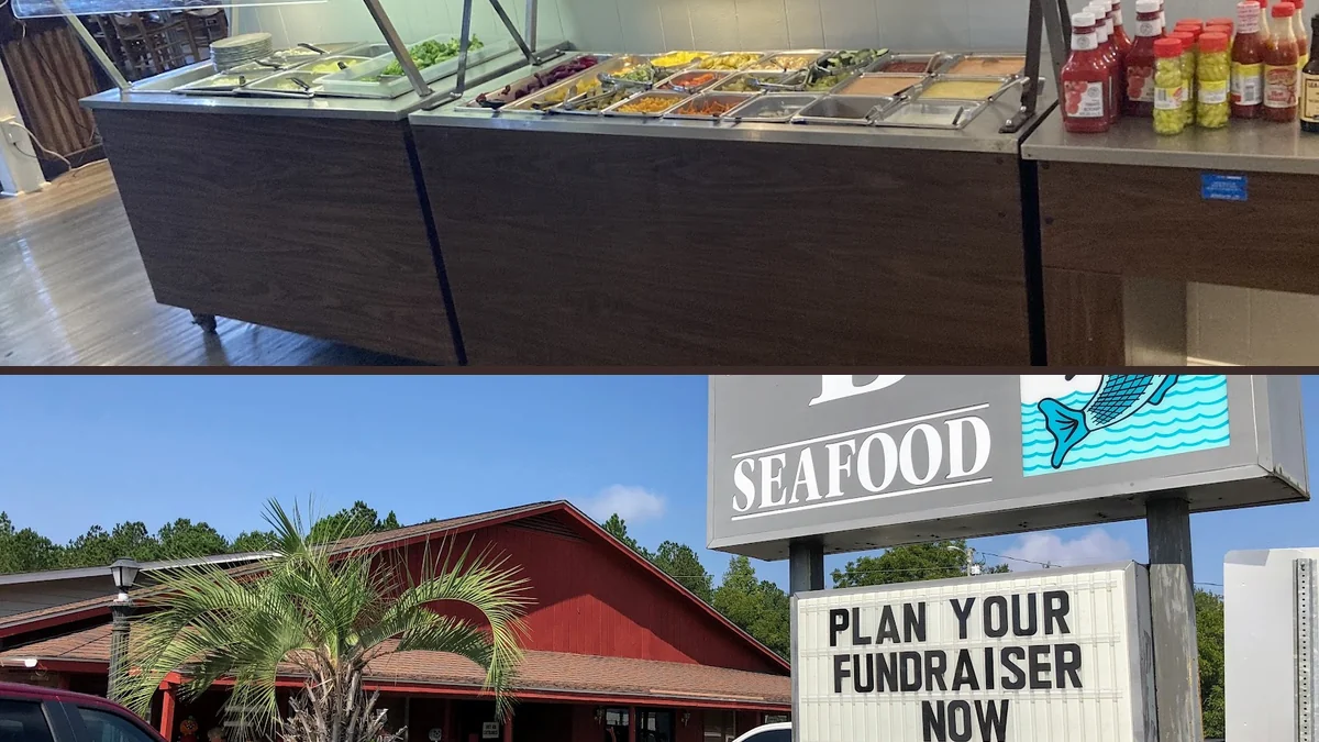 Dining tables beside a self-serve buffet area.